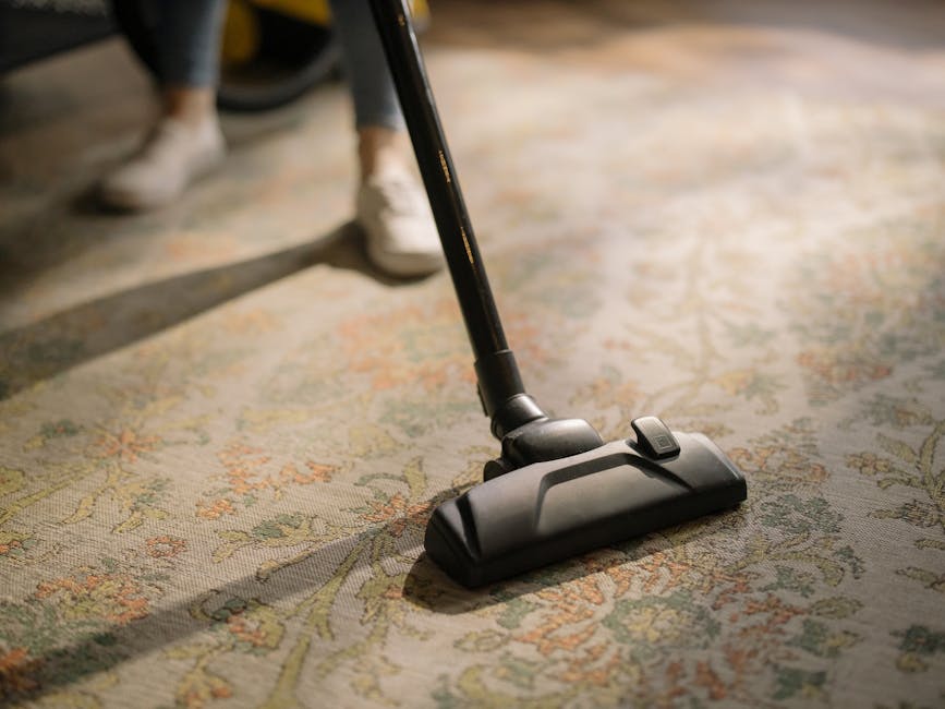 Close-up of a vacuum cleaner performing surface cleaning on a tan, woven rug with frayed edges, placed on a light wooden floor in a domestic setting. The vacuum head is black with a transparent sectio